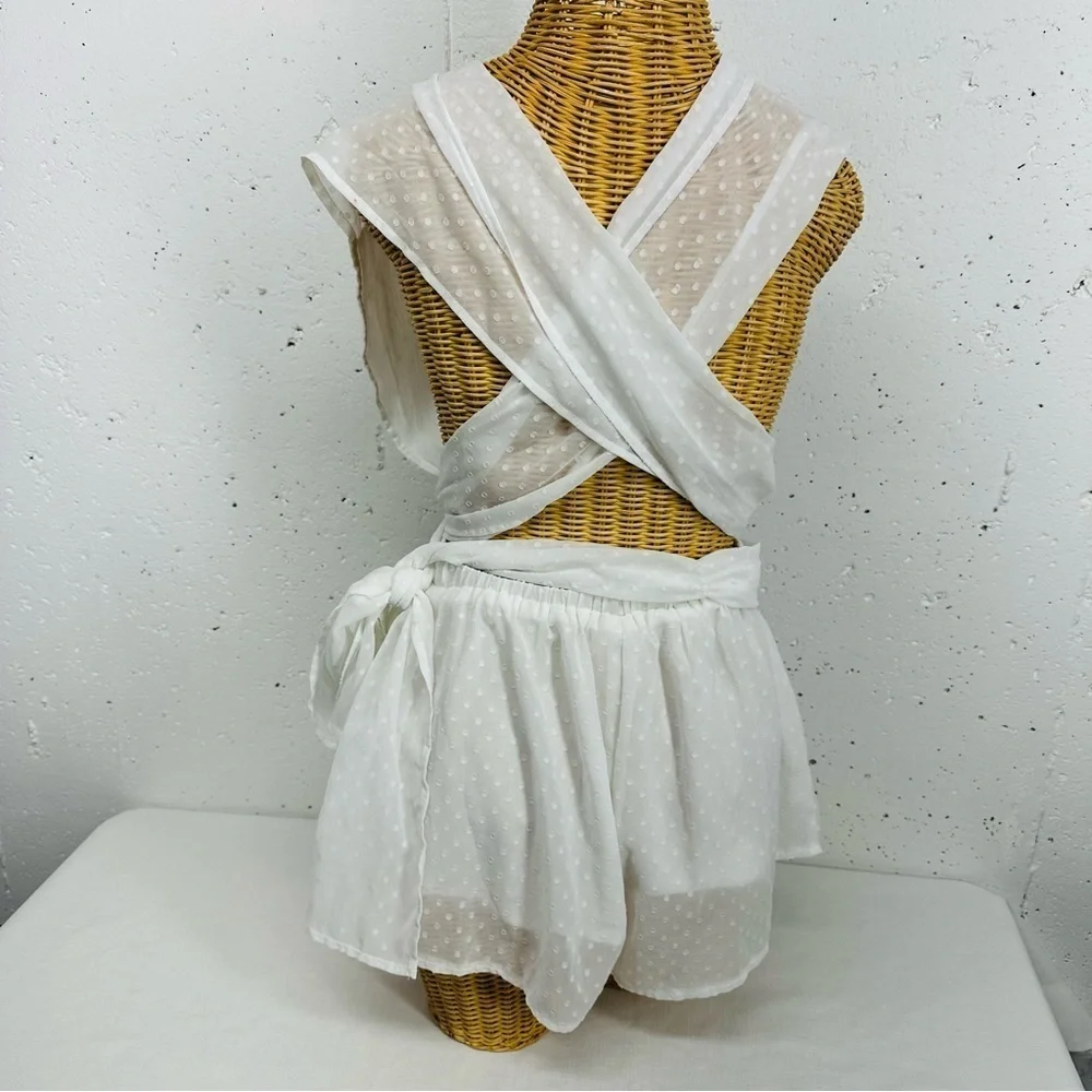 Showpo Size 2 California Sunset White Swiss Dot Criss Cross Back Playsuit